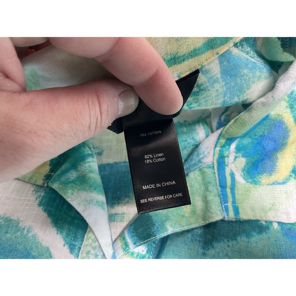 Ali Miles Button Front Tunic Top Linen Blend Blue Green Watercolor Abstract Sz L - Picture 8 of 10
